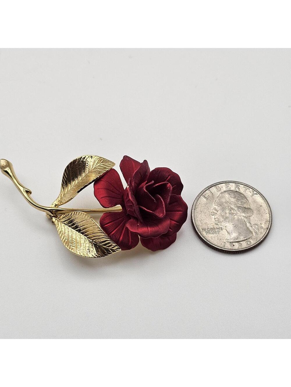 Vintage Cerrito Red Rose Brooch Gold Tone Enamel Floral Pin - Picture 8 of 9